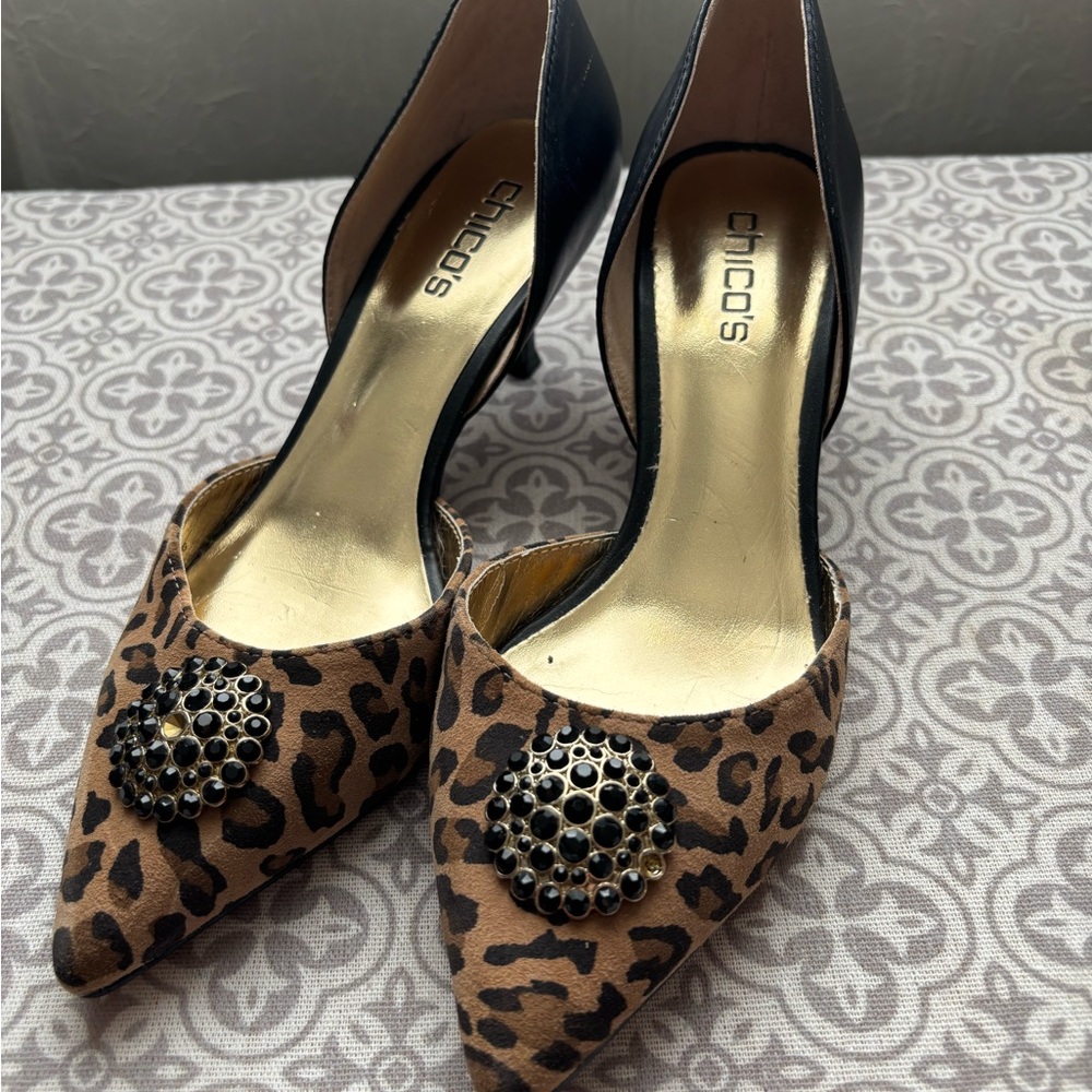 Chico's Leopard Print D'Orsay Heels with Black Jewel Medallion